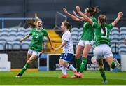 22 August 2023; Ella Kelly of Republic of Ireland celebrates after scoring her side's second goal during a women's U16 international friendly match between Republic of Ireland and Faroe Islands at Head in the Game Park in Drogheda, Louth. Photo by Ben McShane/Sportsfile