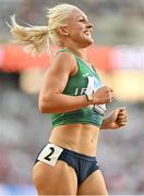 22 August 2023; Sarah Lavin of Ireland reacts after finshing third in the women's 100m hurdles heats during day four of the World Athletics Championships at the National Athletics Centre in Budapest, Hungary. Photo by Sam Barnes/Sportsfile