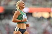 22 August 2023; Sarah Lavin of Ireland celebrates after finshing third in the 100m hurdles heats during day four of the World Athletics Championships at the National Athletics Centre in Budapest, Hungary. Photo by Sam Barnes/Sportsfile