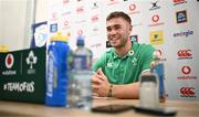 22 August 2023; Jack Crowley during an Ireland rugby media conference at Parc des Sports Jean Dauger in Bayonne, France. Photo by Harry Murphy/Sportsfile