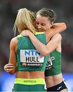 22 August 2023; Ciara Mageean of Ireland, right, and Jessica Hull of Australia embrace after competing in the women's 1500m final during day four of the World Athletics Championships at the National Athletics Centre in Budapest, Hungary. Photo by Sam Barnes/Sportsfile