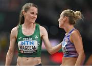22 August 2023; Ciara Mageean of Ireland, left, and Melissa Courtney-Bryant of Great Britain embrace after competing in the women's 1500m final during day four of the World Athletics Championships at the National Athletics Centre in Budapest, Hungary. Photo by Sam Barnes/Sportsfile