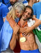 22 August 2023; Gianmarco Tamberi of Italy celebrates with his men's high jump gold medal and his mother Sabrina Piastrellini during day four of the World Athletics Championships at the National Athletics Centre in Budapest, Hungary. Photo by Sam Barnes/Sportsfile