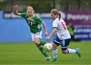 22 August 2023; Madison McGuane of Republic of Ireland and Hansina Nesá of Faroe Islands during a women's U16 international friendly match between Republic of Ireland and Faroe Islands at Head in the Game Park in Drogheda, Louth. Photo by Ben McShane/Sportsfile