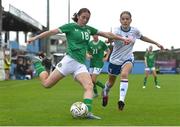 22 August 2023; Sarah McCaffrey of Republic of Ireland and Reima Isaksen of Faroe Islands during a women's U16 international friendly match between Republic of Ireland and Faroe Islands at Head in the Game Park in Drogheda, Louth. Photo by Ben McShane/Sportsfile