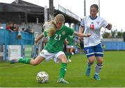 22 August 2023; Madison McGuane of Republic of Ireland and Hansina Nesá of Faroe Islands during a women's U16 international friendly match between Republic of Ireland and Faroe Islands at Head in the Game Park in Drogheda, Louth. Photo by Ben McShane/Sportsfile
