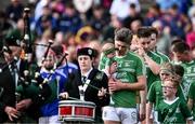 20 August 2023; Naomh Éanna captain Conor McDonald with his daughter Jude, age 7 months, in the pre-match parade before the Wexford County Senior Hurling Championship final match between Naomh Éanna and Oylegate-Glenbrien at Chadwicks Wexford Park in Wexford. Photo by Piaras Ó Mídheach/Sportsfile