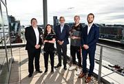 23 August 2023; In attendance, from left, PwC Managing Partner Enda McDonagh, Cork Camogie player Amy O'Connor, Uachtarán Chumann Lúthchleas Gael Larry McCarthy, Dublin footballer Paul Mannion and GPA CEO Tom Parsons at the PwC offices in Dublin. Photo by Eóin Noonan/Sportsfile