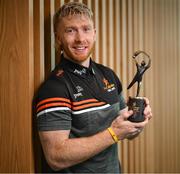 23 August 2023; Limerick hurler Cian Lynch with his Player of the Month Finals award at PwC offices in Limerick. Photo by Stephen McCarthy/Sportsfile