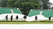 23 August 2023; Groundstaff bring out the pitch cover before match three of the Men's T20 International series between Ireland and India at Malahide Cricket Ground in Dublin. Photo by Seb Daly/Sportsfile
