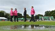 23 August 2023; Umpires, from left, Paul Reynolds, Mark Hawthorne, Aidan Seaver and Jareth McCready inspect the surface before the subsequential abandonment of match three of the Men's T20 International series between Ireland and India at Malahide Cricket Ground in Dublin. Photo by Seb Daly/Sportsfile