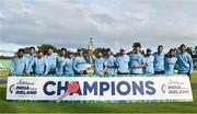 23 August 2023; India players celebrate with the trophy after the abandonment of match three of the Men's T20 International series between Ireland and India at Malahide Cricket Ground in Dublin. Photo by Seb Daly/Sportsfile