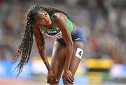 23 August 2023; Rhasidat Adeleke of Ireland reacts after finishing fourth in the women's 400m during day five of the World Athletics Championships at the National Athletics Centre in Budapest, Hungary. Photo by Sam Barnes/Sportsfile