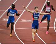 23 August 2023; Karsten Warholm of Norway, centre, celebrates after winning the men's 400m hurdles final during day five of the World Athletics Championships at the National Athletics Centre in Budapest, Hungary. Photo by Sam Barnes/Sportsfile