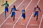 23 August 2023; Karsten Warholm of Norway, second from right, crosses the finish line to win the men's 400m hurdles final during day five of the World Athletics Championships at the National Athletics Centre in Budapest, Hungary. Photo by Sam Barnes/Sportsfile