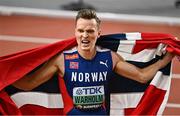 23 August 2023; Karsten Warholm of Norway celebrates after winning the men's 400m hurdles final during day five of the World Athletics Championships at the National Athletics Centre in Budapest, Hungary. Photo by Sam Barnes/Sportsfile