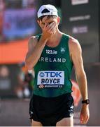 24 August 2023; Brendan Boyce of Ireland reacts after finishing the men's 35km race walk during day six of the World Athletics Championships in Budapest, Hungary. Photo by Sam Barnes/Sportsfile