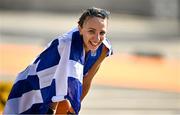 24 August 2023; Antigoni Ntrismpioti of Greece celebrates finishing third and winning bronze in the women's 35km race walk during day six of the World Athletics Championships in Budapest, Hungary. Photo by Sam Barnes/Sportsfile