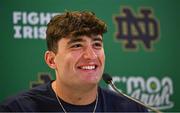 24 August 2023; Navy Midshipmen defensive end Jacob Busic during a media conference ahead of the Aer Lingus College Football Classic match between Notre Dame and Navy Midshipmen on Saturday next at the Aviva Stadium in Dublin. Photo by Seb Daly/Sportsfile