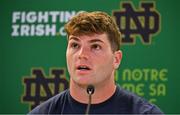 24 August 2023; Navy Midshipmen linebacker Will Harbour during a media conference ahead of the Aer Lingus College Football Classic match between Notre Dame and Navy Midshipmen on Saturday next at the Aviva Stadium in Dublin. Photo by Seb Daly/Sportsfile
