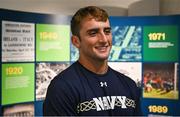 24 August 2023; Navy Midshipmen tight end DJ Donovan during a media conference ahead of the Aer Lingus College Football Classic match between Notre Dame and Navy Midshipmen on Saturday next at the Aviva Stadium in Dublin. Photo by Seb Daly/Sportsfile