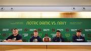 24 August 2023; Navy players, from left, Lirion Murtezi, Will Harbour, Jayden Umbarger and Jacob Busic during a media conference ahead of the Aer Lingus College Football Classic match between Notre Dame and Navy Midshipmen on Saturday next at the Aviva Stadium in Dublin. Photo by Seb Daly/Sportsfile