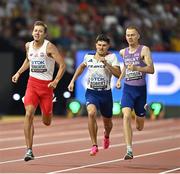 24 August 2023; Athletes, from left, Mateusz Borkowski of Poland, Benjamin Robert of France and Ben Pattison of Great Britain compete in their men's 800m semi-final during day six of the World Athletics Championships at the National Athletics Centre in Budapest, Hungary. Photo by Sam Barnes/Sportsfile