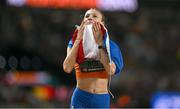 24 August 2023; Femke Bol of Netherlands celebrates after winning the women's 400m hurdles final during day six of the World Athletics Championships at the National Athletics Centre in Budapest, Hungary. Photo by Sam Barnes/Sportsfile
