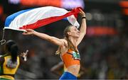 24 August 2023; Femke Bol of Netherlands celebrates after winning the women's 400m hurdles final during day six of the World Athletics Championships at the National Athletics Centre in Budapest, Hungary. Photo by Sam Barnes/Sportsfile