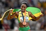 24 August 2023; Rushell Clayton of Jamaica celebrates after winning bronze in the women's 400m hurdles final during day six of the World Athletics Championships at the National Athletics Centre in Budapest, Hungary. Photo by Sam Barnes/Sportsfile