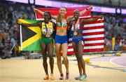24 August 2023; Medallists in the women's 400m hurdles, from left, Rushell Clayton of Jamaica, Femke Bol of Netherlands and Shamier Little of Unites States celebrate during day six of the World Athletics Championships at the National Athletics Centre in Budapest, Hungary. Photo by Sam Barnes/Sportsfile