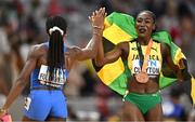 24 August 2023; Rushell Clayton of Jamaica, right,  celebrates after winning bronze in the women's 400m hurdles final during day six of the World Athletics Championships at the National Athletics Centre in Budapest, Hungary. Photo by Sam Barnes/Sportsfile