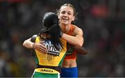 24 August 2023; Femke Bol of Netherlands, right, celebrates with bronze medallist Rushell Clayton of Jamaica, after winning the women's 400m hurdles final during day six of the World Athletics Championships at the National Athletics Centre in Budapest, Hungary. Photo by Sam Barnes/Sportsfile
