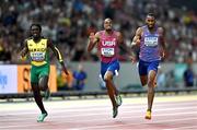 24 August 2023; Antonio Watson of Jamaica, left, beats bronze medallist Quincy Hall of United States  and silver medallist Matthew Hudson-Smith of Great Britain to win the men's 400m final during day six of the World Athletics Championships at the National Athletics Centre in Budapest, Hungary. Photo by Sam Barnes/Sportsfile