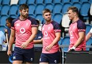 25 August 2023; Ireland players, from left, Ross Byrne, Jack Crowley and Josh van der Flier during an Ireland rugby captain's run at Parc des Sports Jean Dauger in Bayonne, France. Photo by Harry Murphy/Sportsfile