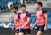 25 August 2023; Ireland players, from left, Diarmuid Barron, Tom Stewart and Jacob Stockdale during an Ireland rugby captain's run at Parc des Sports Jean Dauger in Bayonne, France. Photo by Harry Murphy/Sportsfile