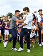 25 August 2023; Notre Dame kicker Chris Salerno, right, and Notre Dame long snapper Rino Monteforte during a Notre Dame Football Clinic at Kilmacud Crokes GAA in Dublin, ahead of the Aer Lingus College Football Classic match between Notre Dame and Navy at the Aviva Stadium in Dublin. Photo by David Fitzgerald/Sportsfile
