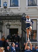 25 August 2023; Navy cheerleaders perform a routine at the prestigious Ireland-US CEO Club Lunch, hosted in association with the Aer Lingus College Football Classic, at the Mansion House in Dublin. The lunch offered the perfect entreé to a weekend of fierce football competition as Notre Dame face off against the US Naval Academy at the Aviva Stadium to open the 2023 College Football season. Photo by Brendan Moran/Sportsfile
