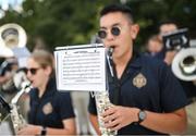 25 August 2023; The Navy Spirit Band perform at the Navy Pep Rally at Merrion Square, Dublin ahead of the Aer Lingus College Football Classic match between Notre Dame and Navy at the Aviva Stadium in Dublin. Photo by David Fitzgerald/Sportsfile