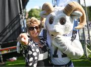 25 August 2023; Ambassador of Ireland to the United States Geraldine Byrne Nason with Bill The Goat at the Navy Pep Rally at Merrion Square, Dublin ahead of the Aer Lingus College Football Classic match between Notre Dame and Navy at the Aviva Stadium in Dublin. Photo by David Fitzgerald/Sportsfile