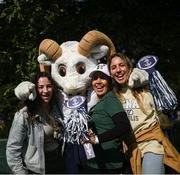 25 August 2023; Bill The Goat with Navy supporters, from left, Katie Kent, Mary Joe Moore and Shelby Yelinek from New Mexico at the Navy Pep Rally at Merrion Square, Dublin ahead of the Aer Lingus College Football Classic match between Notre Dame and Navy at the Aviva Stadium in Dublin. Photo by David Fitzgerald/Sportsfile