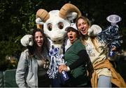 25 August 2023; Bill The Goat with Navy supporters, from left, Katie Kent, Mary Joe Moore and Shelby Yelinek from New Mexico at the Navy Pep Rally at Merrion Square, Dublin ahead of the Aer Lingus College Football Classic match between Notre Dame and Navy at the Aviva Stadium in Dublin. Photo by David Fitzgerald/Sportsfile