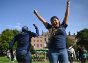 25 August 2023; Navy supporters Novelette Wallace and Tianni Brown from Miami at the Navy Pep Rally at Merrion Square, Dublin ahead of the Aer Lingus College Football Classic match between Notre Dame and Navy at the Aviva Stadium in Dublin. Photo by David Fitzgerald/Sportsfile