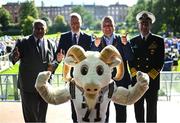 25 August 2023; Bill The Goat with, from left, United States Secretary of the Navy Carlos Del Toro, Tánaiste Micheál Martin, Lord Mayor of Dublin Daithí de Róiste and Admiral Stuart B. Munch at the Navy Pep Rally at Merrion Square, Dublin ahead of the Aer Lingus College Football Classic match between Notre Dame and Navy at the Aviva Stadium in Dublin. Photo by David Fitzgerald/Sportsfile