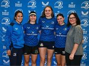 25 August 2023; Leinster players Sarah Delaney, Jane Neill and Jade Gaffney on the day of their Leaving Cert results with head coach Tania Rosser and former Leinster and Ireland rugby player Yvonne Nolan, right, during a Leinster Rugby Women's jersey presentation at Old Belvedere RFC in Dublin. Photo by Piaras Ó Mídheach/Sportsfile