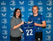 25 August 2023; Dannah O'Brien is presented with her jersey by former Leinster and Ireland rugby player Yvonne Nolan during a Leinster Rugby Women's jersey presentation at Old Belvedere RFC in Dublin. Photo by Piaras Ó Mídheach/Sportsfile