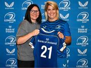 25 August 2023; Ailsa Hughes is presented with her jersey by former Leinster and Ireland rugby player Yvonne Nolan during a Leinster Rugby Women's jersey presentation at Old Belvedere RFC in Dublin. Photo by Piaras Ó Mídheach/Sportsfile