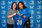 25 August 2023; Sene Taiti-Fanene is presented with her jersey by former Leinster and Ireland rugby player Yvonne Nolan during a Leinster Rugby Women's jersey presentation at Old Belvedere RFC in Dublin. Photo by Piaras Ó Mídheach/Sportsfile