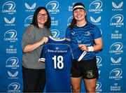 25 August 2023; Sarah Delaney is presented with her jersey by former Leinster and Ireland rugby player Yvonne Nolan during a Leinster Rugby Women's jersey presentation at Old Belvedere RFC in Dublin. Photo by Piaras Ó Mídheach/Sportsfile