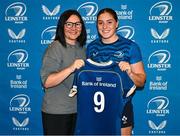 25 August 2023; Katie Whelan is presented with her jersey by former Leinster and Ireland rugby player Yvonne Nolan during a Leinster Rugby Women's jersey presentation at Old Belvedere RFC in Dublin. Photo by Piaras Ó Mídheach/Sportsfile